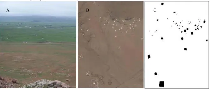 Figure 1: From Tsatsiin Ereg tombs picture (A) and satellite image (B) to build a binary image (C) 