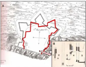 Figure 7A: Attempt to reconstruct the Charles IX fortress  plan according to spanish planning; Figure 7B: Actual  findings and one of the supposed directions: vector N1