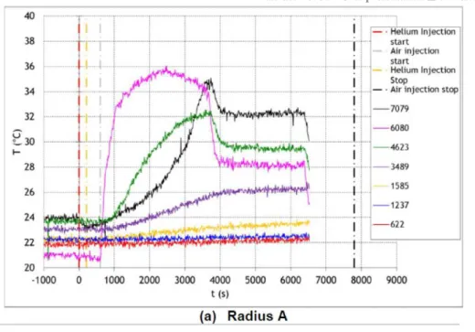 Figure 4: HM1-1 - Thermal behaviour of the gaseous volume along the centreline. 
