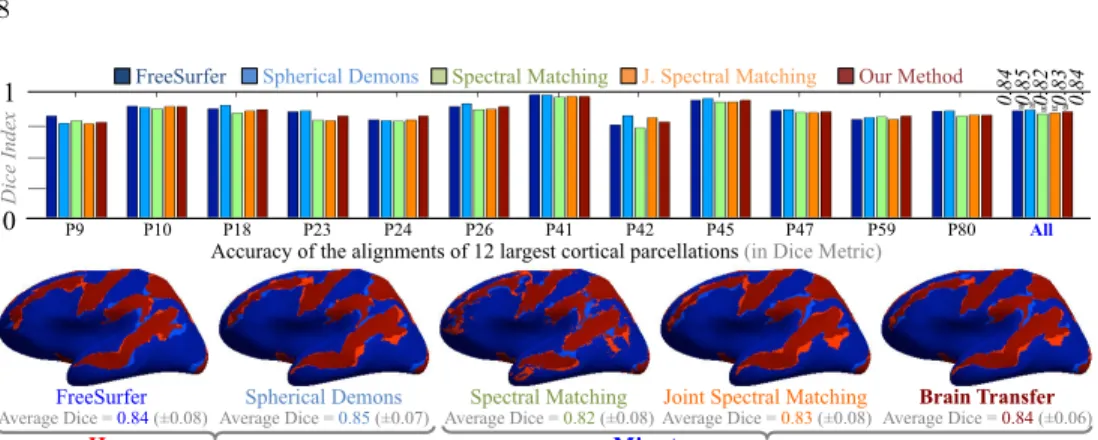Fig. 7. Accuracy of Shape Alignment – Top: Average Dice Index across 240 alignments of cortical parcellations, using FreeSurfer (dark blue, Dice: 0.84), Spherical Demons (light blue, Dice: 0.85), Spectral Matching (light green, Dice: 0.82), Joint Spectral 