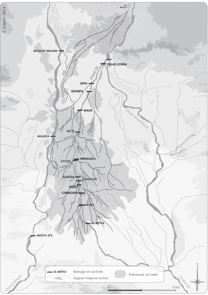 Fig. 3 - Carte du système hydraulique sub-contemporain de l’oasis du Tafilalt, très comparable au système médiéval