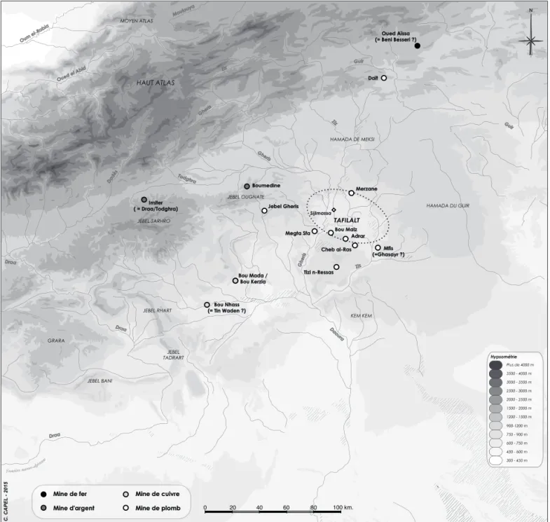 Fig. 5 - Carte de localisation des principales mines métallifères, avec le cas échéant leur nom médiéval, au et autour du Tafilalt