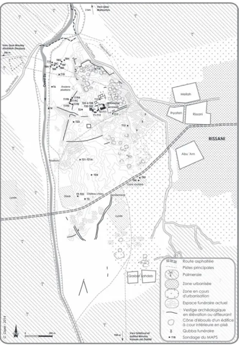 Fig. 12.3: Plan du site archéologique principal de Sijlmāssa et localisation des 63 sondages  menés par l’équipe du MAPS dans la moitié nord du tell entre 1988 et 1998 (PAO : Chloé Capel)