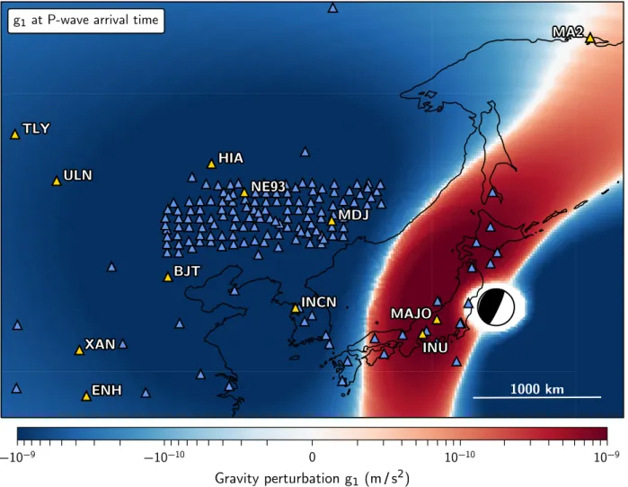 Figure 8. Vertical gravity perturbation g 1 induced at the Earth surface by the M9.1 Tohoku-oki earthquake, at P-wave arrival time