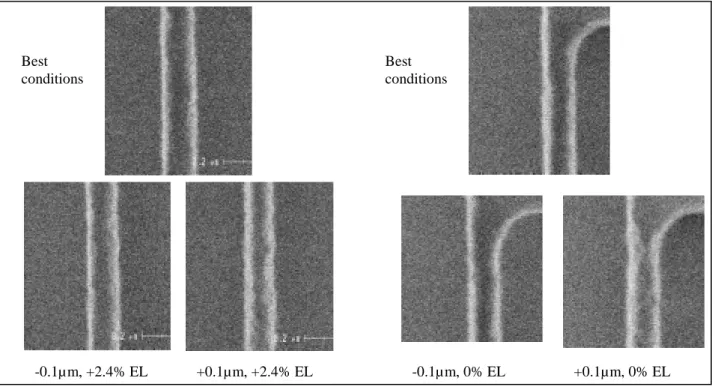 Figure 3.5: 1D and 2D patterns SEM images at best focus and defocus conditions 