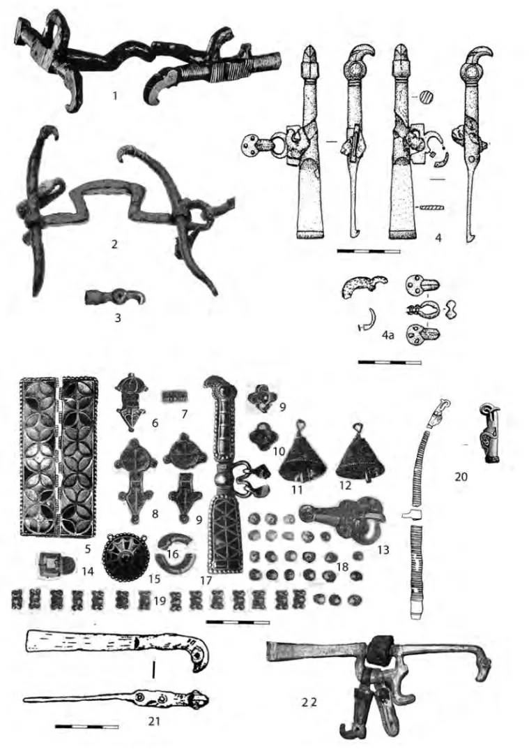 Fig. 1 : Les mors à têtes aviformes des V e -VII e  siècles et les objets accompagnants (5-16, 18, 19) : 