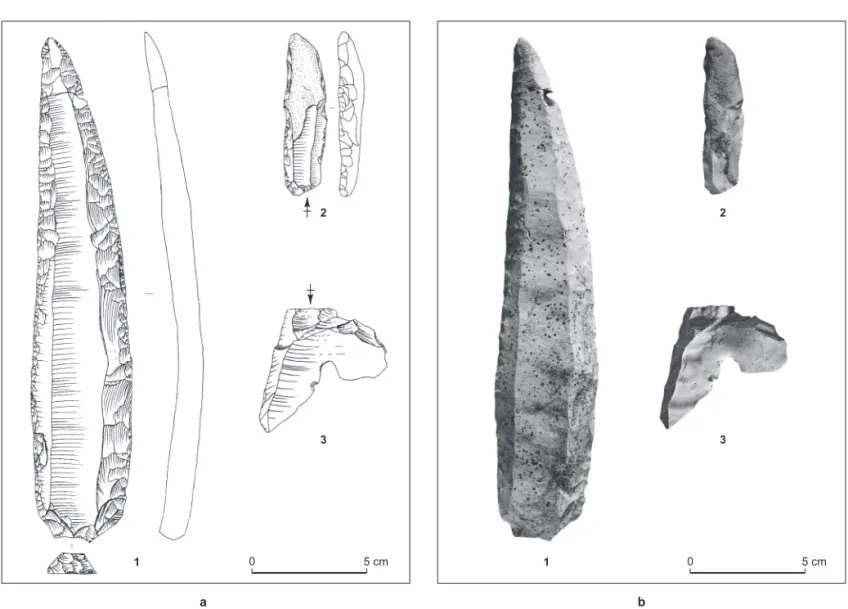 Fig. 20 — Ciry-Salsogne (Aisne). 1, poignard en silex du Grand-Pressigny ; 2, pie`ce e´mousse´e/briquet ; 3, e´clat brut (a, dessins P