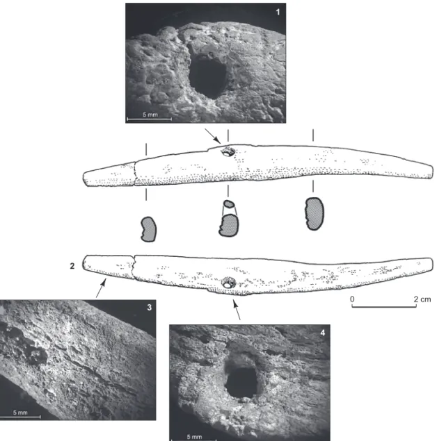 Fig. 21 — Ciry-Salsogne (Aisne). 1, vue de la perforation de la face supe´rieure corticale de la pie`ce (grossissement 15 x 0,5) ; 2, objet en os (dessin G