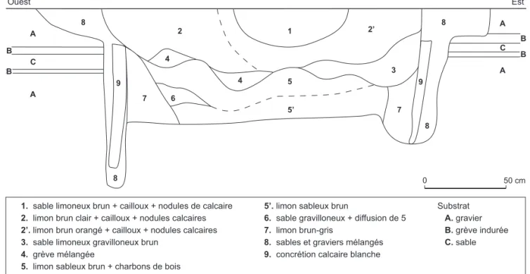Fig. 16 — Ciry-Salsogne (Aisne). Coupe stratigraphique longitudinale de la se´pulture (releve´ L