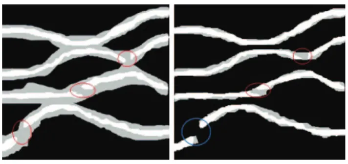 Fig. 2. Left: Three level grayscale synthetic image in 1D + t domain [t0, tf ]. Independent trajectories (gray to white) may be interconnected at some gray level Right: Applying the 3D spatial ﬁltering by attribute openings, weakly connected branches are ”