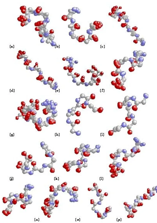 Figure 1: Superimposition of fragments of the structural alphabet. The backbone is  superimposed with the atoms C α , N, O, and C along the five amino acids of the fragments for the 16  protein blocks (PBs)