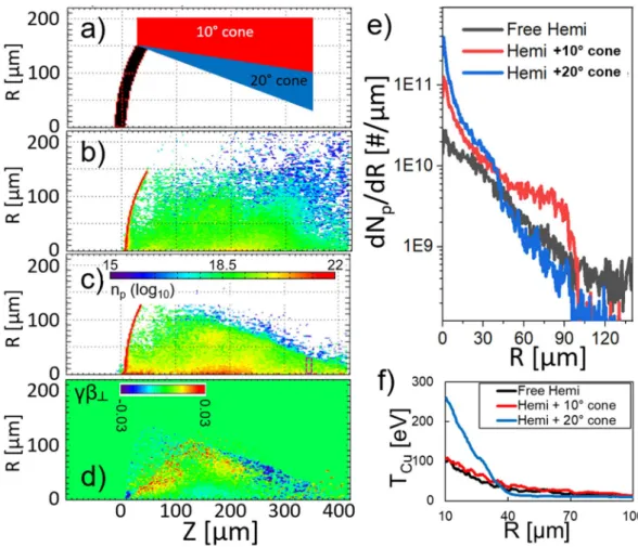 Figure 6. (a) simulated target geometry for the standard cone and 20 deg cone. (b) proton density for the free  hemi at 22 ps