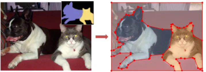 Figure 1. Goal of our approach. Our algorithm takes as input an image with a rough semantic probability map and outputs a set of low-complexity polygons capturing accurately the objects of interest, here dogs and cats.