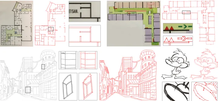 Figure 5. Vectorization of linear structures. Our algorithm can be used to vectorize floor map photographs (top) or line-drawings (bottom).