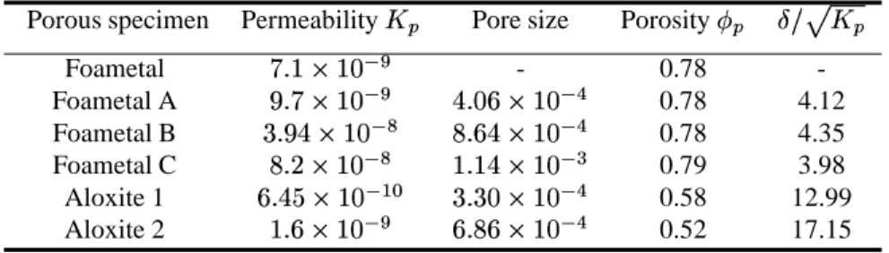 Table 1: Geometrical characteristics of the porous specimens used in the Beavers and Joseph experiments