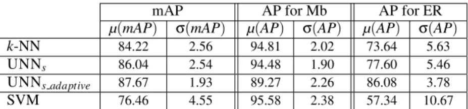 Table 2: Global average precision (MAP), average precision for Mb and average precision for ER for different classifiers.