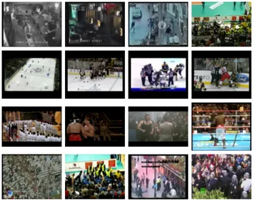 Figure 2. Sample video frames from the Violent-Flows (first row), Hockey Fight (second row), Movies (third row), and  Violent-Flows 21 (fourth row) datasets.