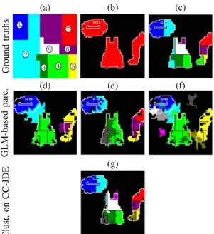 Figure 1. Top row: Ground truth with simulated hemodynamic territories (a), simulated activation labels (b) and superimposition of activation  pat-terns with hemodynamic territories