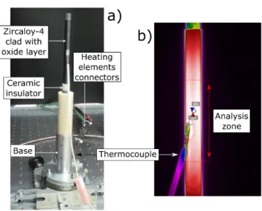 Figure 3: a) Description of sample holder and b) thermography picture, obtained by an infrared  camera, for a temperature level: 805°C, showing analysis zone for pyrometry measurement