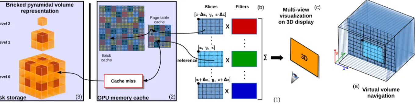 Fig. 1. Visualization-driven system overview: The navigation in a virtual image stack and in a given slice (1.a) induces a streaming and a construction stage to compose a multi-view image (1.b) that can be visualized on a multiscopic 3D display (1.c)