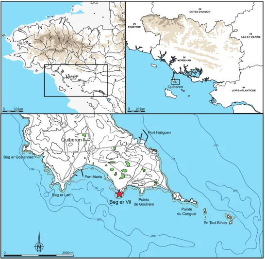 Fig. 1 – Emplacement du site de Beg-er-Vil, à l’extrémité sud de la presqu’île de Quiberon, dans le département du Morbihan  (DAO L