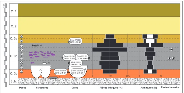 Fig. 4 – Répartition verticale schématique des structures archéologiques, des pièces lithiques, des armatures et des nouvelles  dates par le radiocarbone dans la stratigraphie de Beg-er-Vil à Quiberon, fouille O