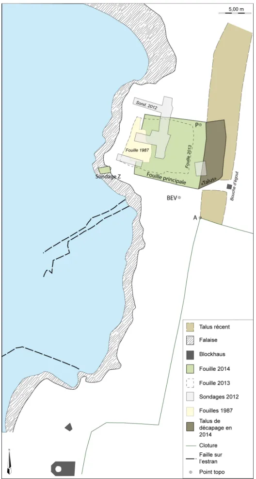 Fig. 8 – Plan des différentes opérations de fouille menées à Beg-er-Vil depuis 1980 (relevé et DAO G