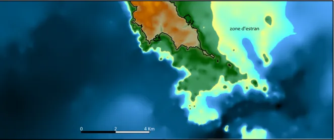 Fig. 11 – Position de l’estran vers 6200-6100 avant notre ère, déterminé à partir d’un modèle de terrain topobathymétrique  actuel