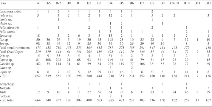 Table 3.1. Faunal remains found at Tell Aswad. Distribution of the NISP throughout the levels of occupation: ‘Pottery’ phase  (level A), ‘Late’ phase (B-5 to B0), ‘Middle’ phase (B1 to B8), ‘Early’ phase (levels B9 to B12).