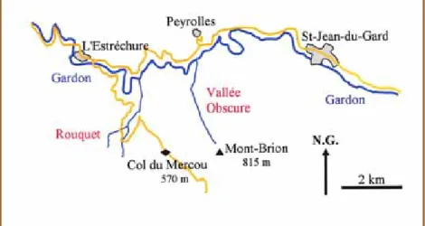 Figure 2 - Localisation de la Vallée Obscure et du vallon du  Rouquet dans le bassin du Gardon de Saint-Jean