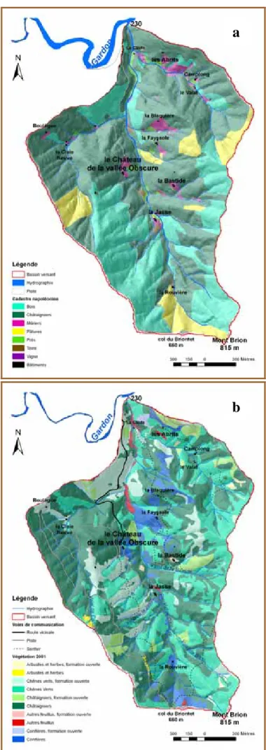 Figure 4 - Occupation du sol en 1843 (a) et couvert végétal  en 2001 (b). ( F. A LLIGNOL , d'après J.L