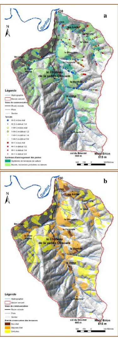 Figure 5 - Aménagements anciens (a) et état de conservation des  terrasses (b) dans la Vallée Obscure