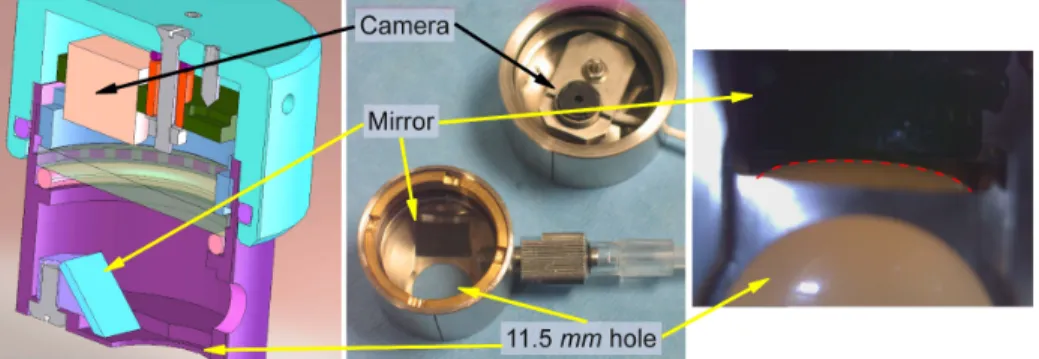 Fig. 2. LASTIC: scheme (left) and picture (center) of the new suction device. Example of an image captured by the camera during a depression of a PVC phantom (right).