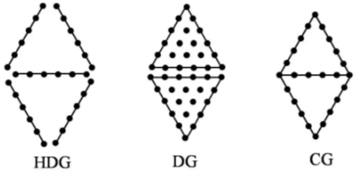 Figure 2. Degrees of freedom in a two element mesh of degree 5 for HDG, DG and CG.