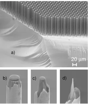 Fig. 1. FIB-based method to produce a sharp needle specimen by progressive annular milling of Si posts [from (a) to (d)].