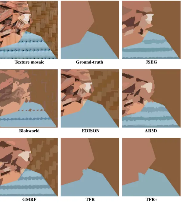 Figure 5: Texture mosaic No.1: data, ground-truth and several segmentations.