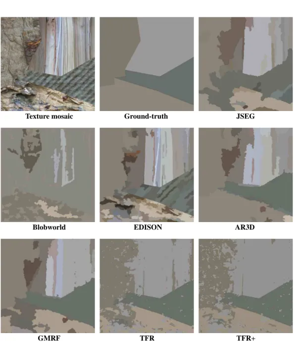 Figure 6: Texture mosaic No.2: data, ground-truth and several segmentations.
