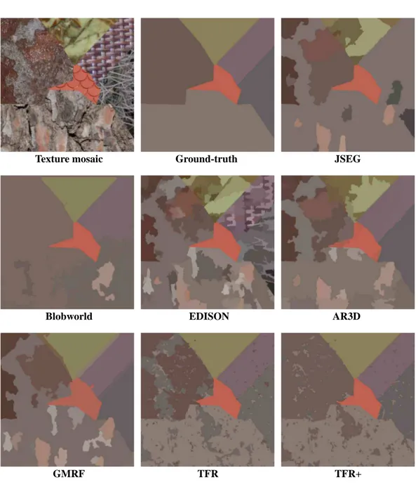 Figure 8: Texture mosaic No.4: data, ground-truth and several segmentations.