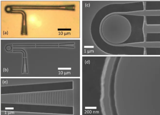 Fig. 1 (a) shows an optical microscope image of a fabricated device, clearly showing the underetched areas as well as the waveguide etch through color-contrast