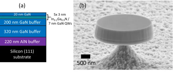 FIG. 1. (a) Schematic of the heterostructure of the investigated sample and (b) SEM image of a 3 µ m diameter disk.