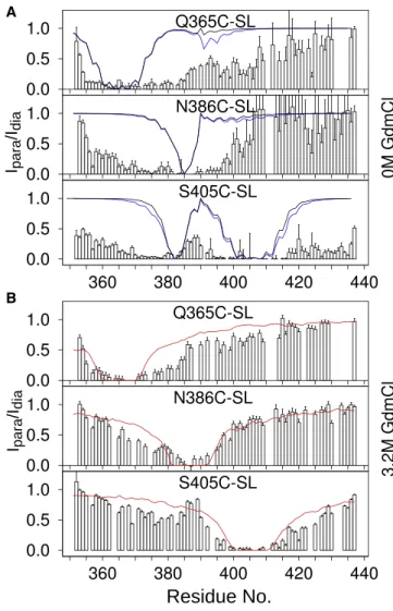 Figure 5. Calculated Paramagnetic Relaxation Enhancements Sequence distribution of PREs (I para /I dia ) at 0 M (A) and 3.2 M GdmCl (B), for each spin-labeled variant