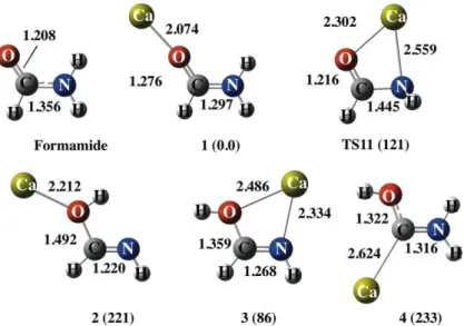 Figure 2.  Optimized geometries of the complexes formed by the association of Ca 2+  to  formamide,  formimidic  acid  and  amino(hydroxy)carbene