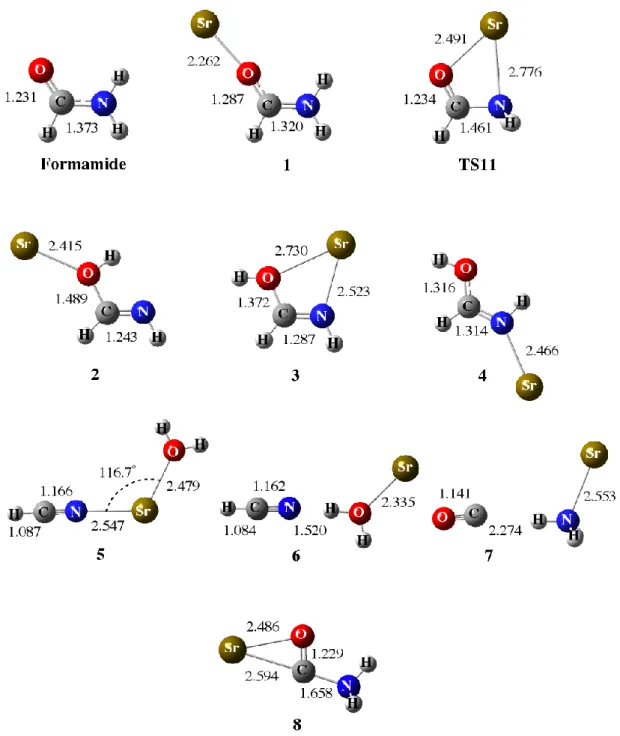 Figure 2. Optimized geometries for formamide and [Sr-Formamide] 2+  complexes. Bond  lengths are in Angströms, and bond angles in degrees