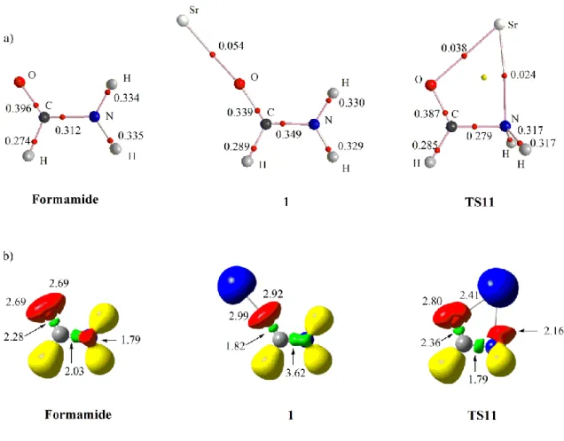 Figure 3. a) Molecular graph of neutral formamide and, 1 and TS11 [Sr(Formamide)] 2+   