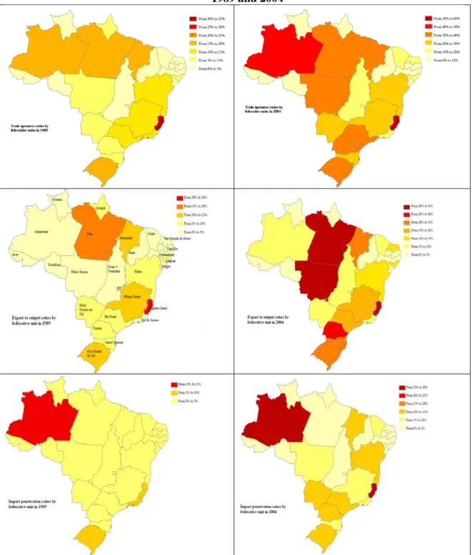 Figure 4. Trade Openness, Import Penetration and Export Exposure Ratios in Brazilian States,  1989 and 2004 