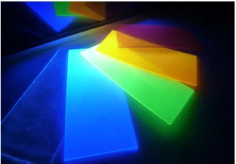 Figure 1. Plastic scintillators displaying different emission wavelengths (excitation with UV lamp; © CEA)
