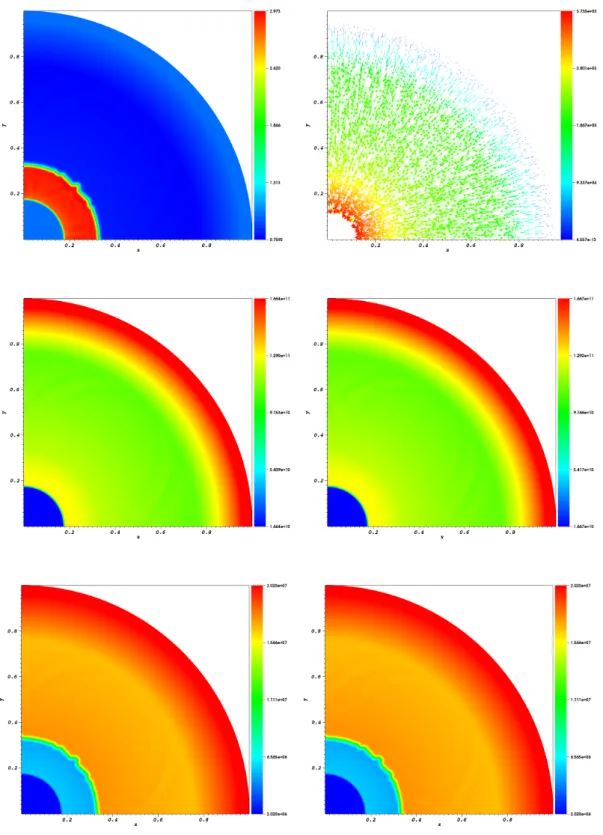 Figure 9: Implosion problem at t 1 = 4.0901 × 10 −7 s . 2-D fields of Left-Top: Density, Right-Top: