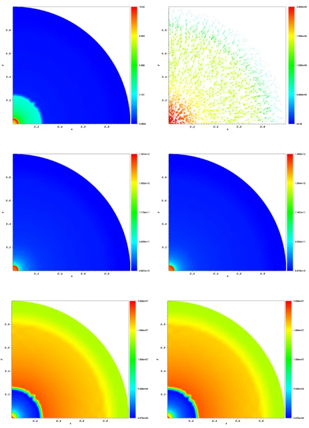 Figure 11: Implosion problem at t 2 = 6.22 × 10 −7 s . 2-D fields of Left-Top: Density, Right-Top: