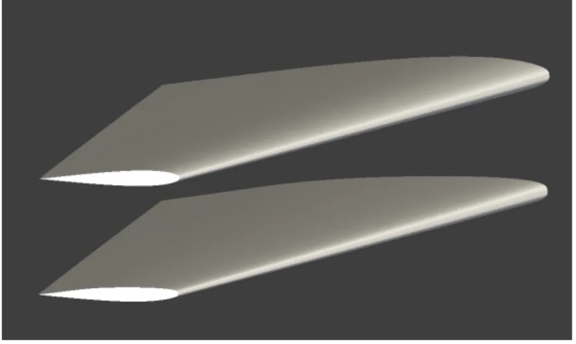 Figure 13: Comparison of wing shape : top baseline ; bottom : optimized local parameters.
