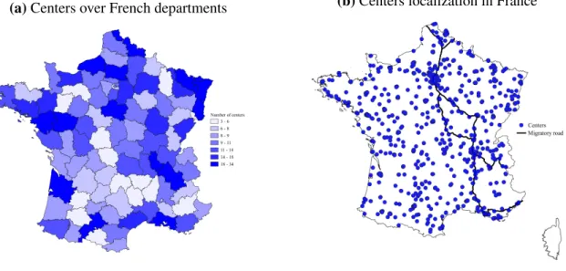 Figure 2: Housing centers for refugees and asylum seekers in France (a) Centers over French departments (b) Centers localization in France